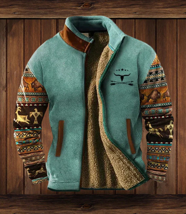 Men's Zip-Up Jacket with Fleece Lining and Western Sleeves