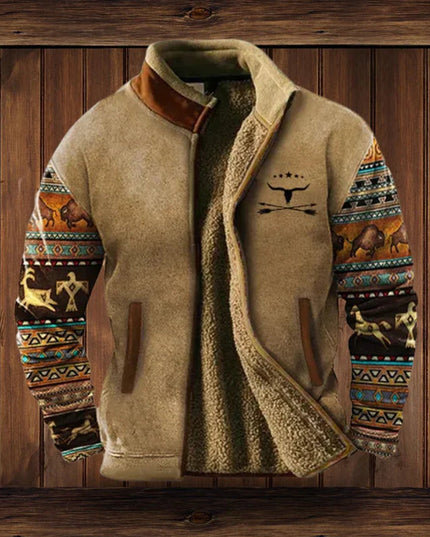 Men's Zip-Up Jacket with Fleece Lining and Western Sleeves