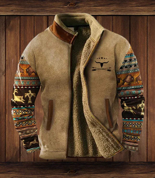 Men's Zip-Up Jacket with Fleece Lining and Western Sleeves