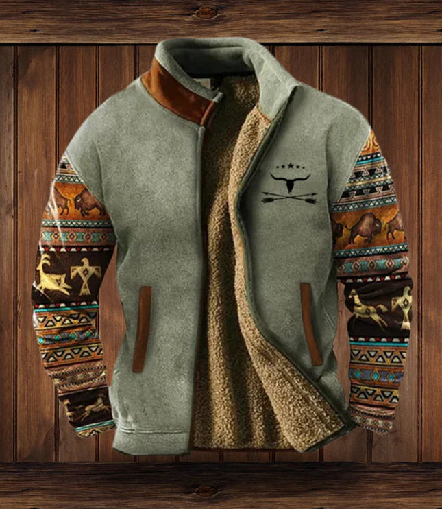Men's Zip-Up Jacket with Fleece Lining and Western Sleeves