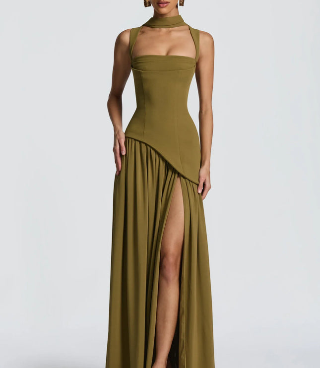 Olive green square neck maxi dress with adjustable straps and side slit