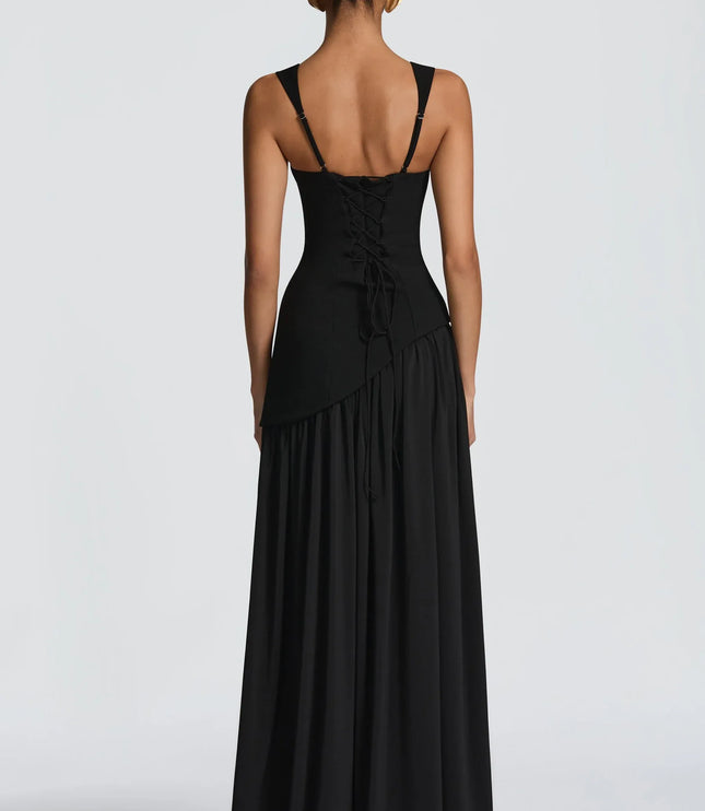 Black maxi dress back view with lace-up corset detail and adjustable straps