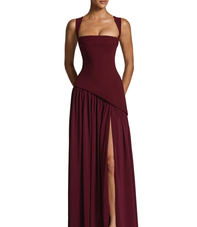 Burgundy square neck maxi dress with adjustable straps and asymmetrical pleated skirt
