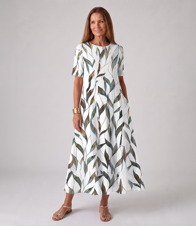 Women's A-Line Summer Maxi Dress in Floral with Short Sleeve