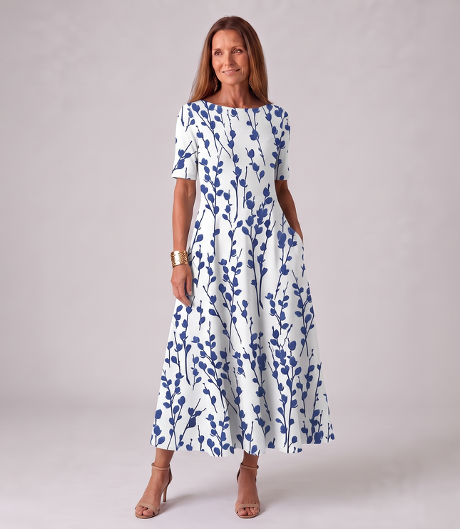 Women's A-Line Summer Maxi Dress in Floral with Short Sleeve