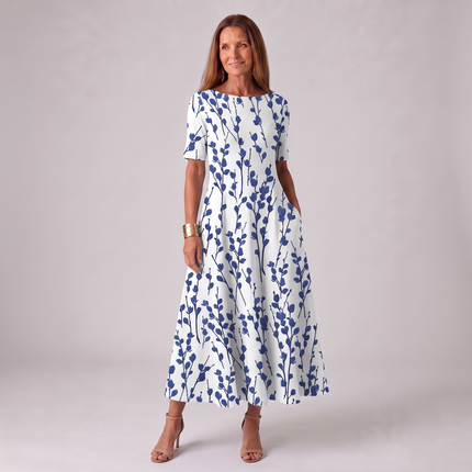 Women's A-Line Summer Maxi Dress in Floral with Short Sleeve