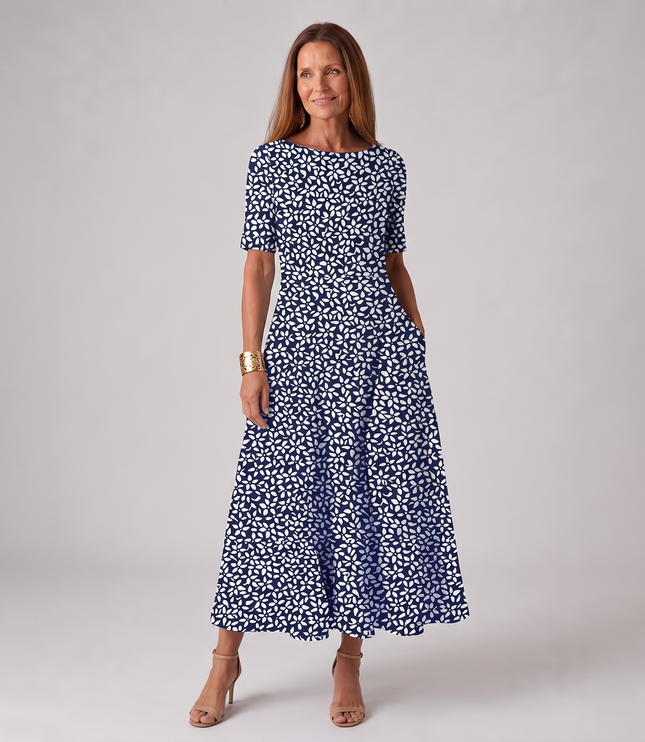 Women's A-Line Summer Maxi Dress in Floral with Short Sleeve