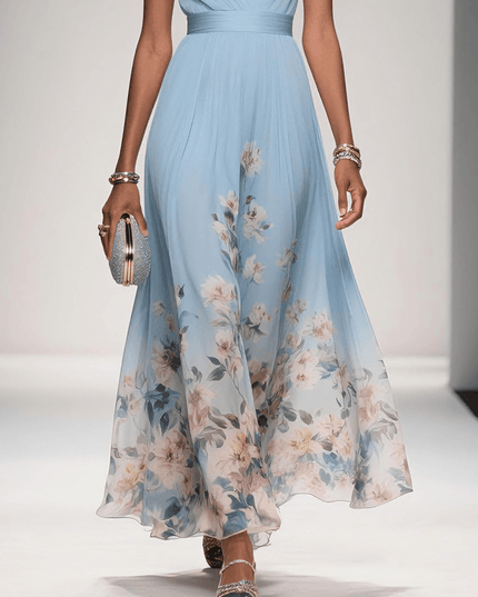 Women's A-Line Wedding Guest Maxi Dress in Floral with V-Neck