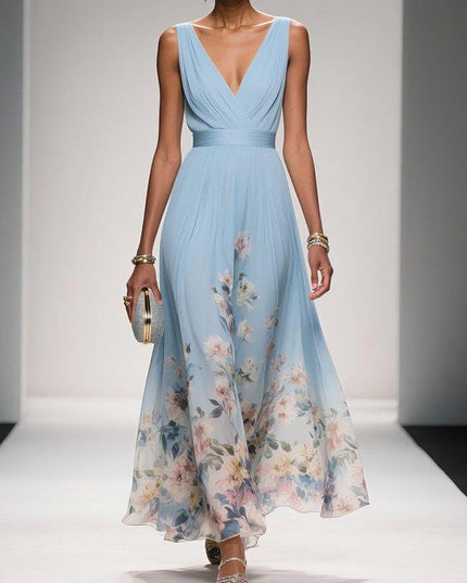 Women's A-Line Wedding Guest Maxi Dress in Floral with V-Neck