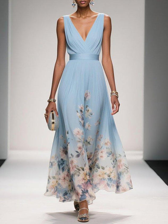 Women's A-Line Wedding Guest Maxi Dress in Floral with V-Neck