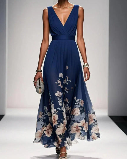 Women's A-Line Wedding Guest Maxi Dress in Floral with V-Neck