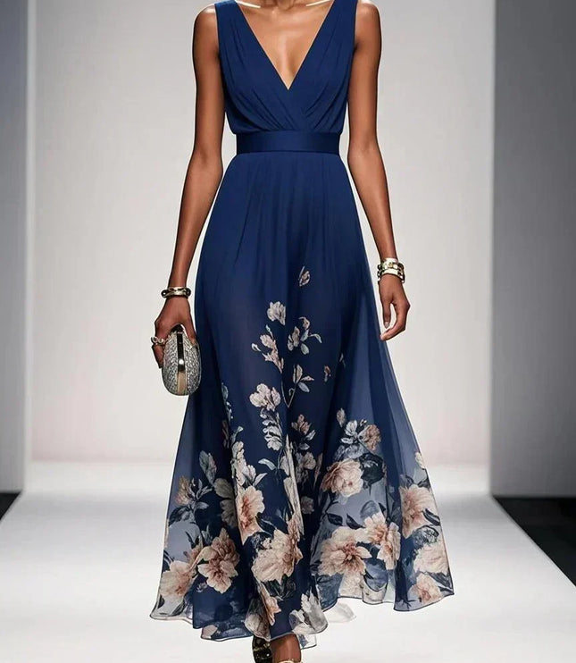 Women's A-Line Wedding Guest Maxi Dress in Floral with V-Neck