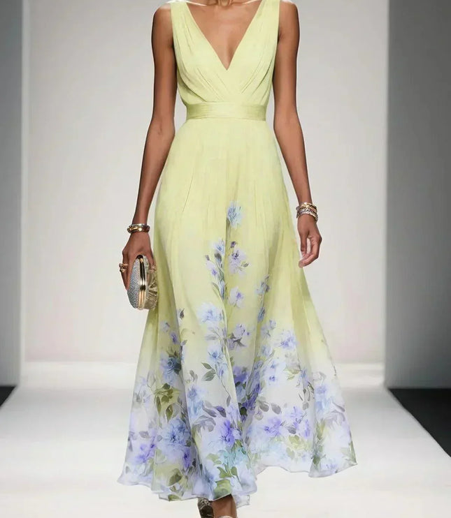 Women's A-Line Wedding Guest Maxi Dress in Floral with V-Neck