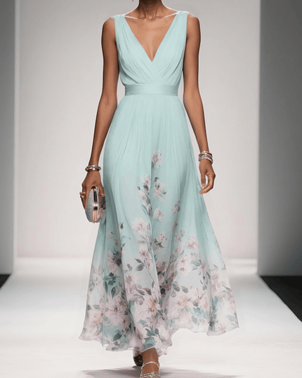 Women's A-Line Wedding Guest Maxi Dress in Floral with V-Neck