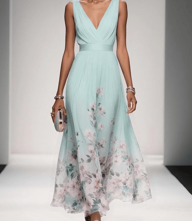 Women's A-Line Wedding Guest Maxi Dress in Floral with V-Neck