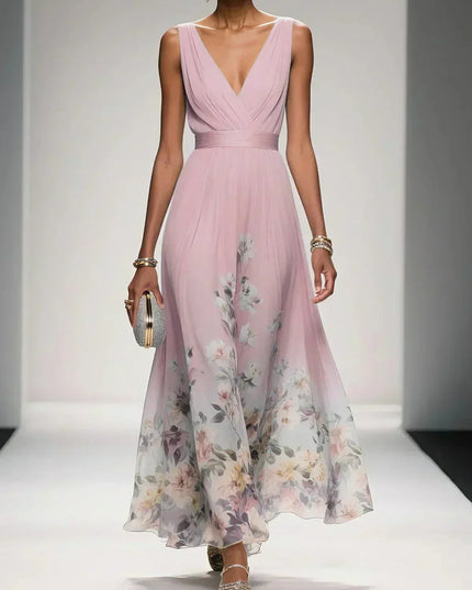 Women's A-Line Wedding Guest Maxi Dress in Floral with V-Neck