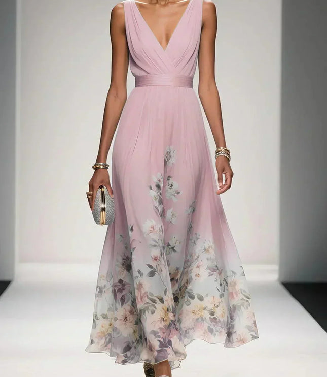 Women's A-Line Wedding Guest Maxi Dress in Floral with V-Neck