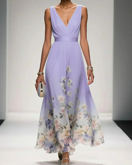 Women's A-Line Wedding Guest Maxi Dress in Floral with V-Neck