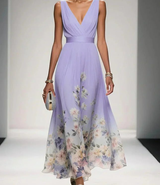 Women's A-Line Wedding Guest Maxi Dress in Floral with V-Neck