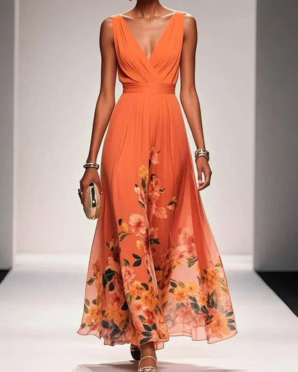 Women's A-Line Wedding Guest Maxi Dress in Floral with V-Neck