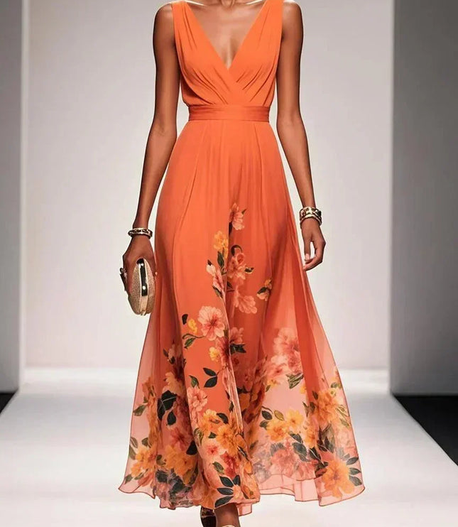 Women's A-Line Wedding Guest Maxi Dress in Floral with V-Neck