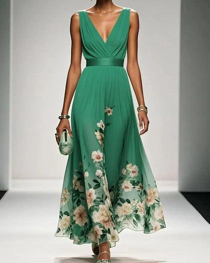 Women's A-Line Wedding Guest Maxi Dress in Floral with V-Neck
