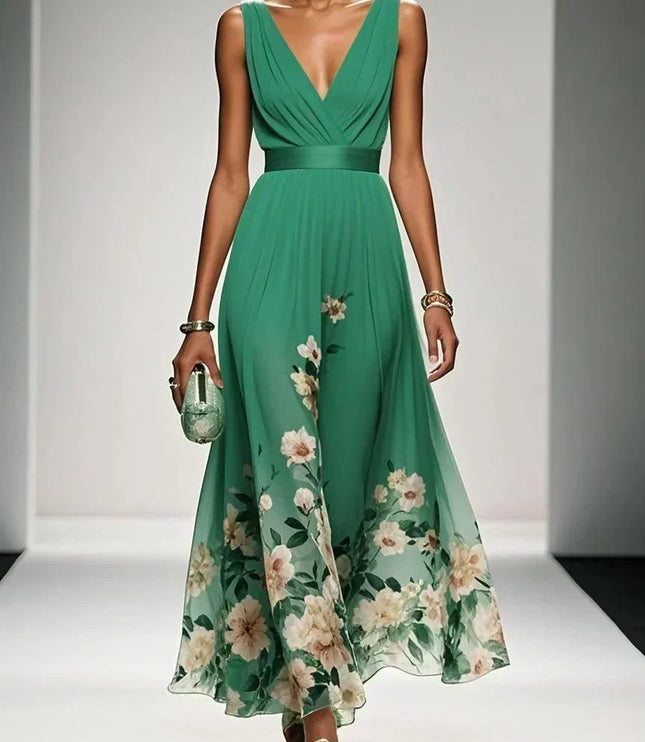 Women's A-Line Wedding Guest Maxi Dress in Floral with V-Neck