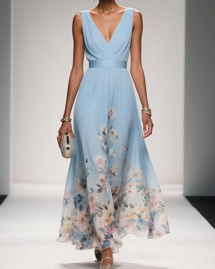 Women's A-Line Wedding Guest Maxi Dress in Floral with V-Neck