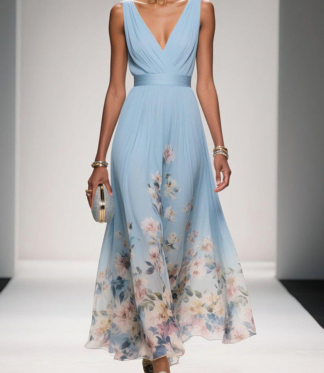 Women's A-Line Wedding Guest Maxi Dress in Floral with V-Neck