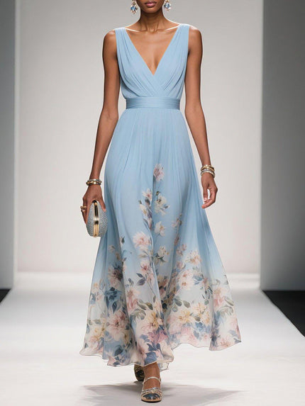 Women's A-Line Wedding Guest Maxi Dress in Floral with V-Neck