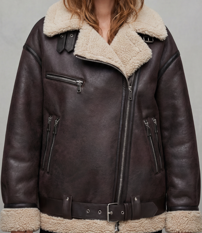 Women's Aviator Jacket with Oversized Faux Shearling Collar
