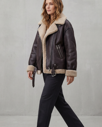 Women's Aviator Jacket with Oversized Faux Shearling Collar