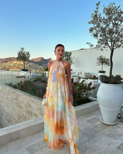 Women's Backless Halter Maxi Dress with Watercolour Print