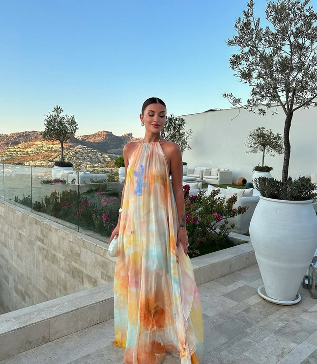 Women's Backless Halter Maxi Dress with Watercolour Print