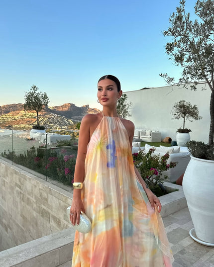 Women's Backless Halter Maxi Dress with Watercolour Print