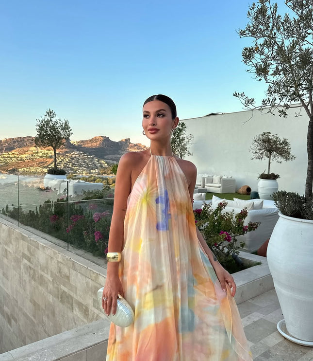 Women's Backless Halter Maxi Dress with Watercolour Print