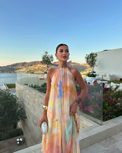Women's Backless Halter Maxi Dress with Watercolour Print