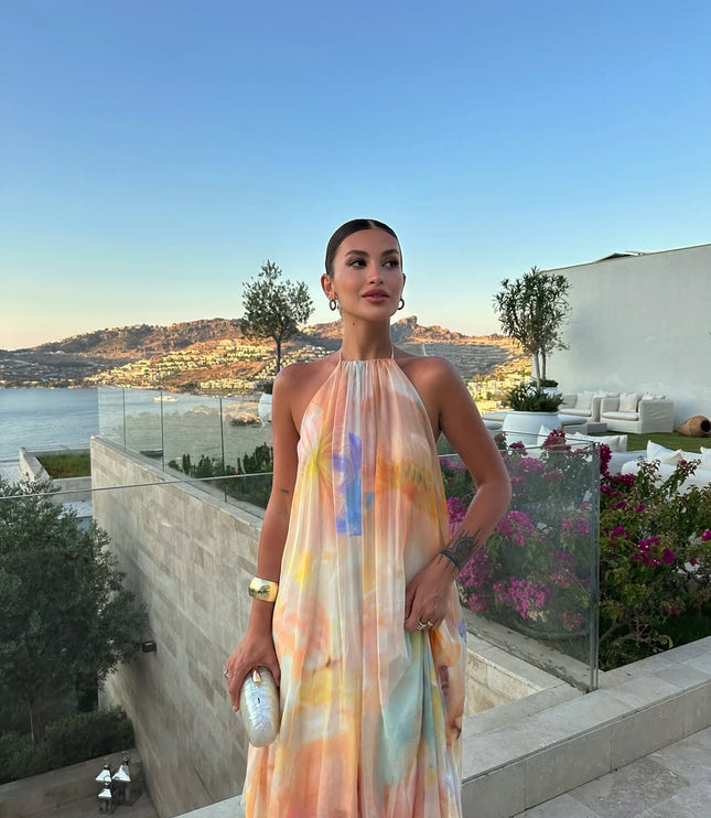 Women's Backless Halter Maxi Dress with Watercolour Print