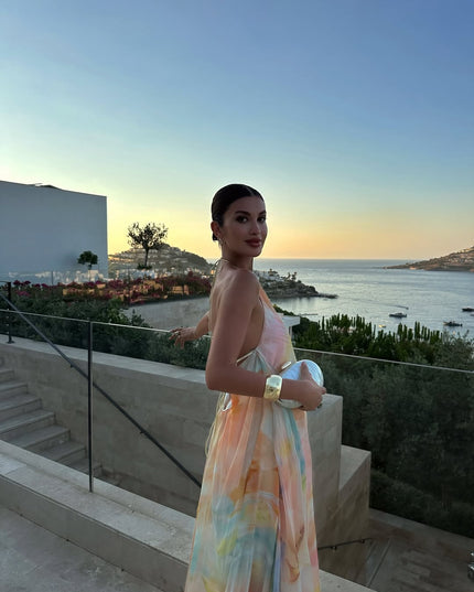 Women's Backless Halter Maxi Dress with Watercolour Print