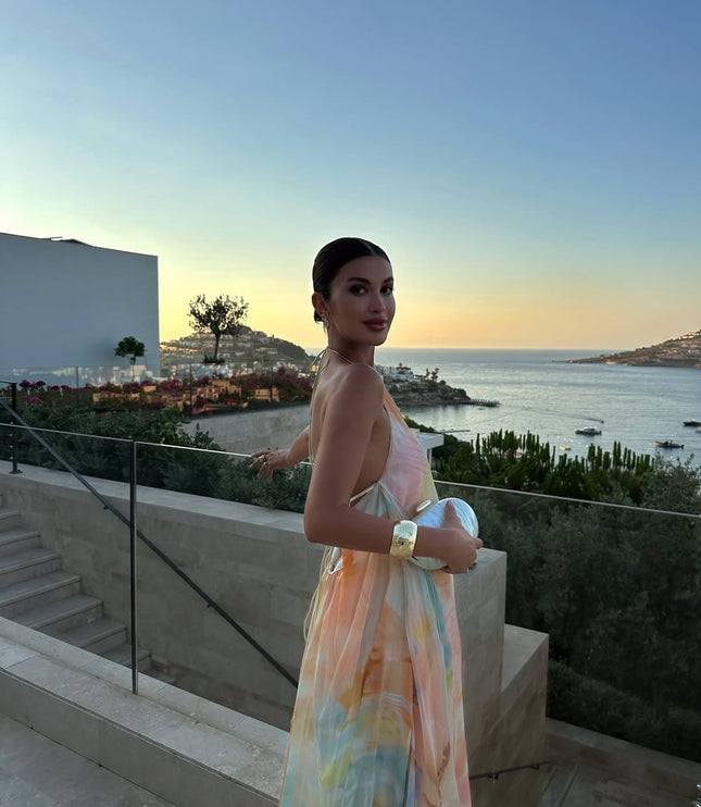 Women's Backless Halter Maxi Dress with Watercolour Print