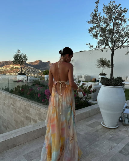 Women's Backless Halter Maxi Dress with Watercolour Print