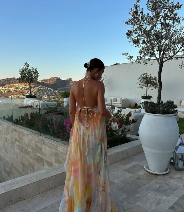 Women's Backless Halter Maxi Dress with Watercolour Print