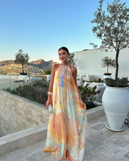 Women's Backless Halter Maxi Dress with Watercolour Print
