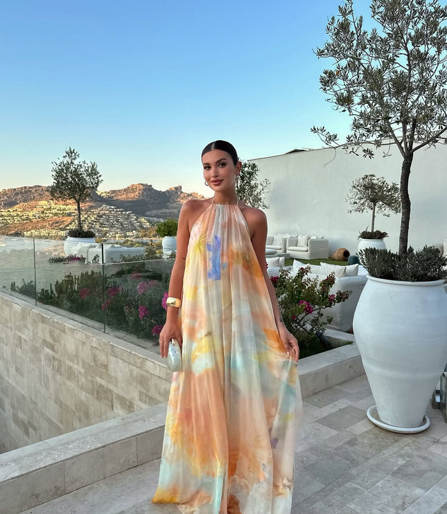 Women's Backless Halter Maxi Dress with Watercolour Print