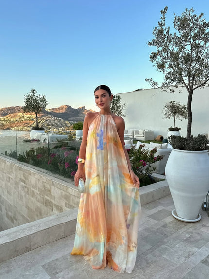 Women's Backless Halter Maxi Dress with Watercolour Print