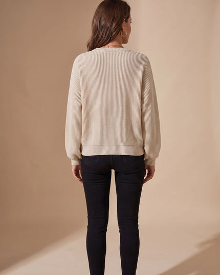 Women's Balloon Sleeve Sweater with a Textured Crew Neck