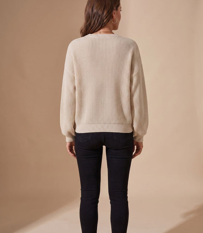 Women's Balloon Sleeve Sweater with a Textured Crew Neck