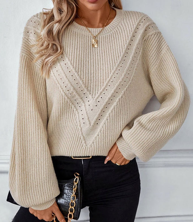 Women's Balloon Sleeve Sweater with a Textured Crew Neck