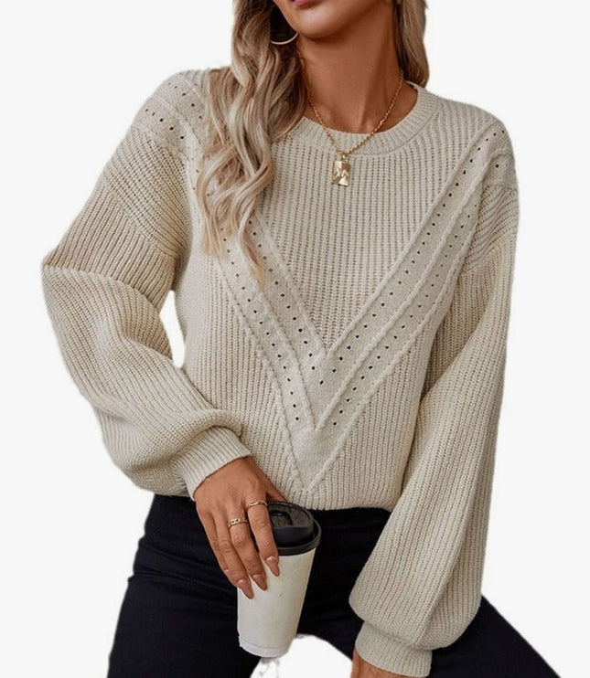 Women's Balloon Sleeve Sweater with a Textured Crew Neck