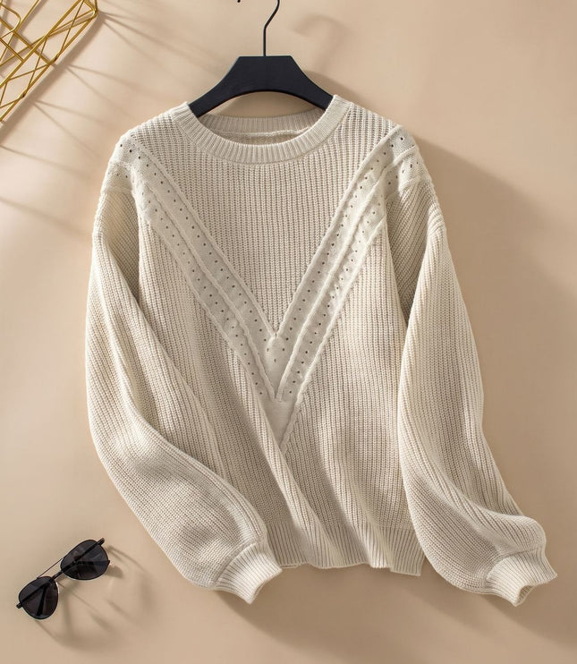 Women's Balloon Sleeve Sweater with a Textured Crew Neck